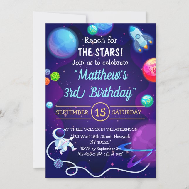 Outer Space 3rd Birthday Blue Astronaut Planet Invitation (Front)
