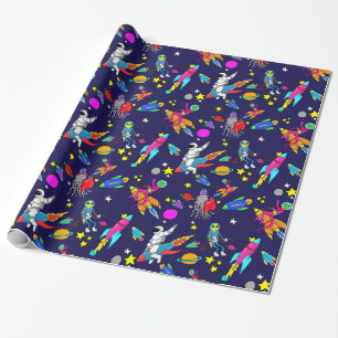 outer space alien rocket rodeo wrapping paper