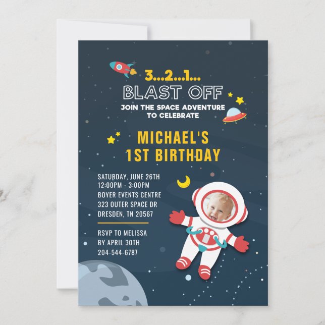 Outer Space and Astronaut 1st Birthday Photo Invitation (Front)