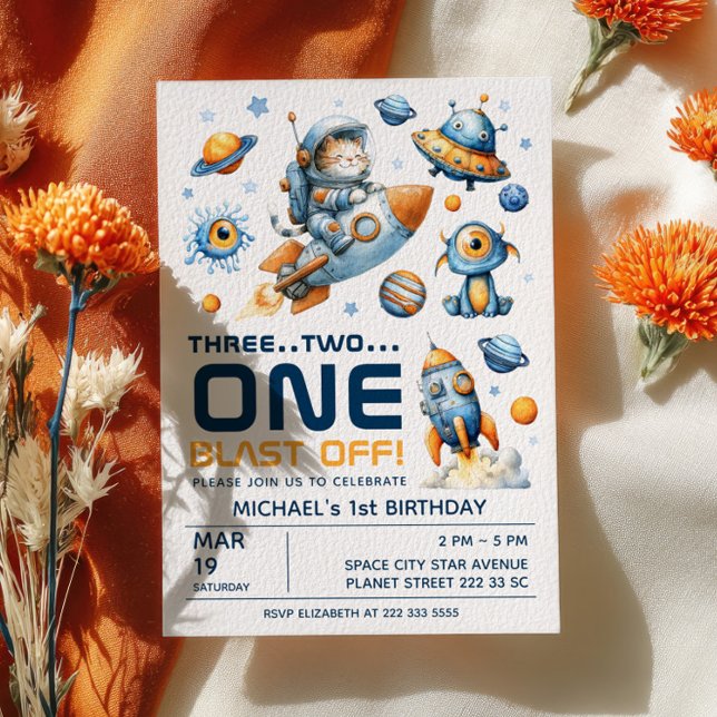 Outer Space Astronaut Cat Blast Off 1st Birthday Invitation (Creator Uploaded)