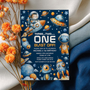 Outer Space Astronaut Cat Blast Off 1st Birthday Invitation