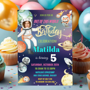 Outer Space Astronaut Galaxy Girl Birthday Photo Invitation