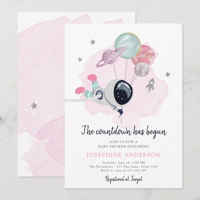 Outer Space Astronaut Girl Baby Shower Invitation (Front/Back)