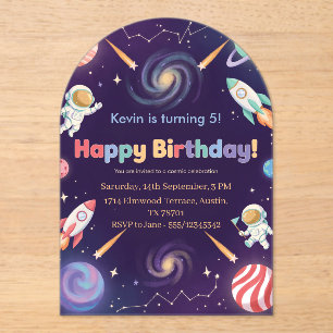 Outer Space Astronaut Kids Happy Birthday Party Acrylic Invitations