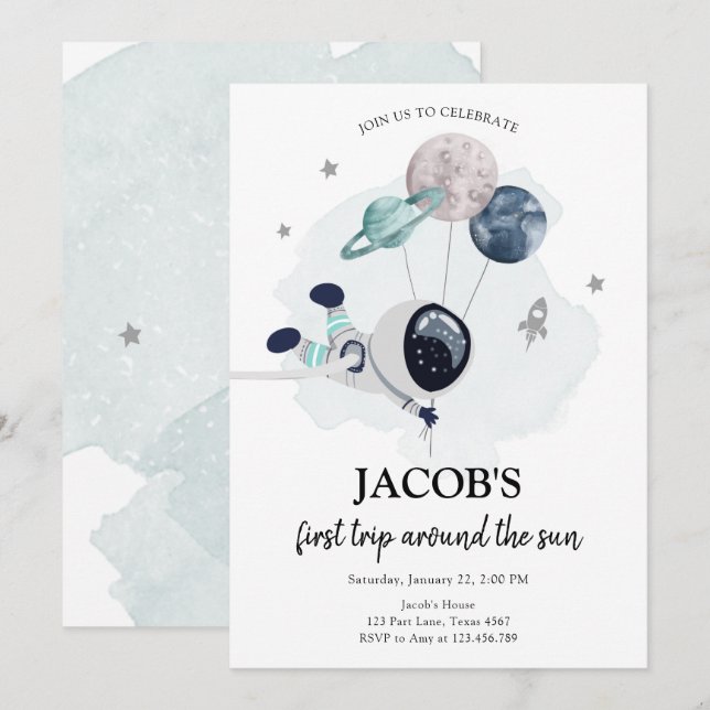 Outer Space Astronaut Orange Boy First Birthday In Invitation (Front/Back)