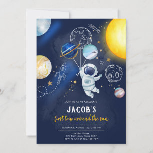 Outer Space Astronaut Planet Galaxy 1st Birthday Invitation