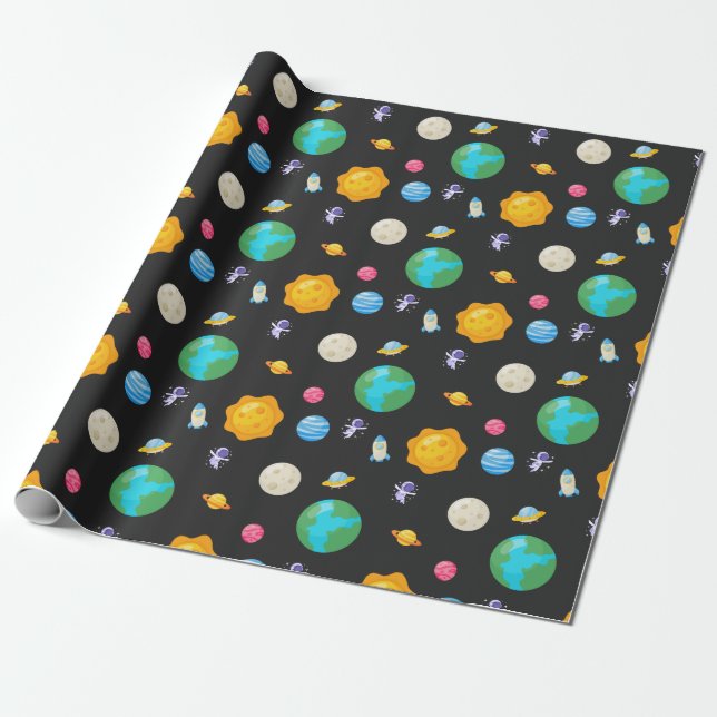 Outer Space Astronaut Planets Birthday Wrapping Paper (Unrolled)