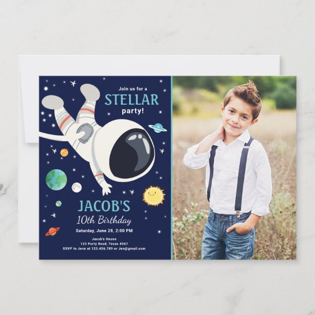 Outer Space Astronaut Planets Galaxy Boy Birthday Invitation (Front)