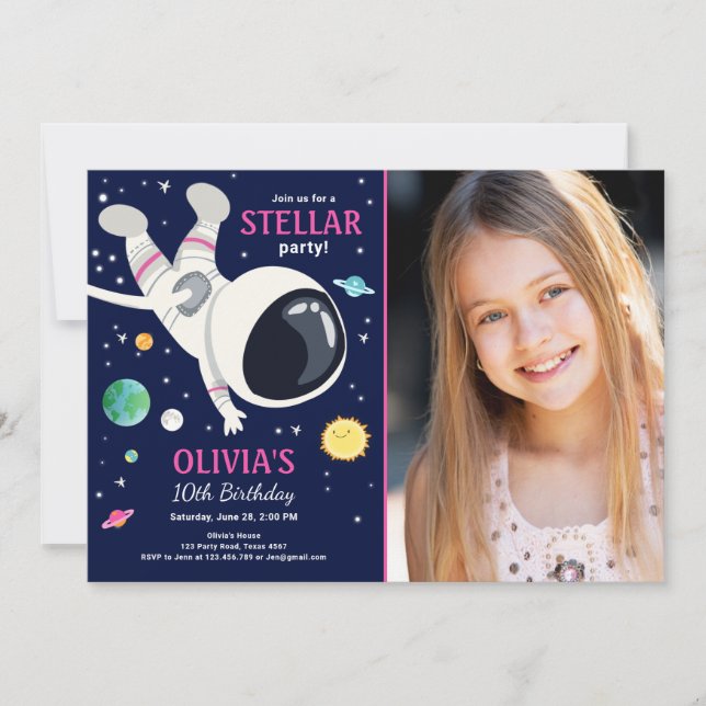 Outer Space Astronaut Planets Galaxy Girl Birthday Invitation (Front)