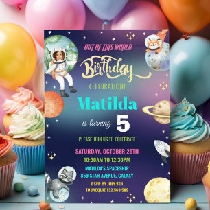 Outer Space Astronaut Planets Girl Birthday Photo Invitation