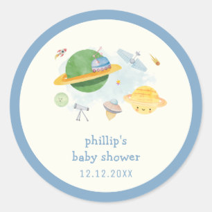 Outer Space Astronaut Spaceship Boy Baby Shower Classic Round Sticker
