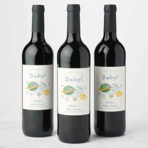 Outer Space Astronaut Spaceship Boy Baby Shower Wine Label