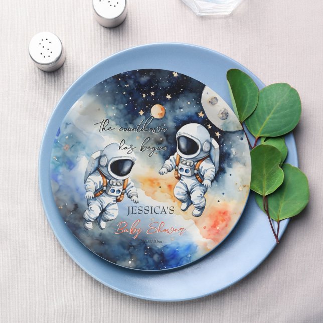 Outer space astronaut twins baby shower paper plate (Outer space astronaut twins baby shower monogrammed customized paper plates personalized table decor)