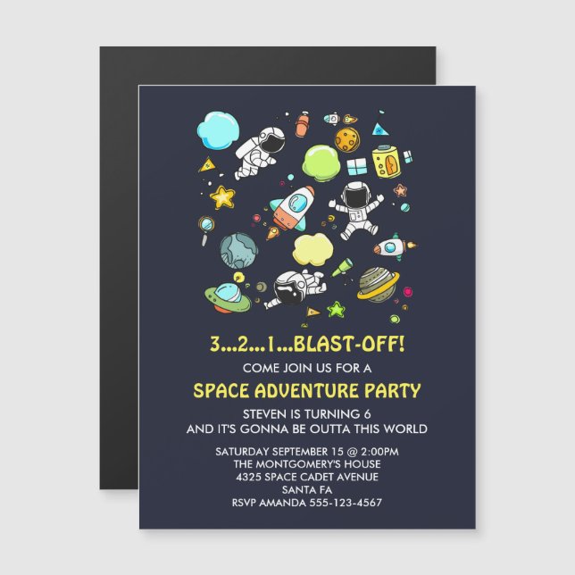 Outer Space Astronauts & Rocket Ships Pattern Magnetic Invitation (Front/Back)