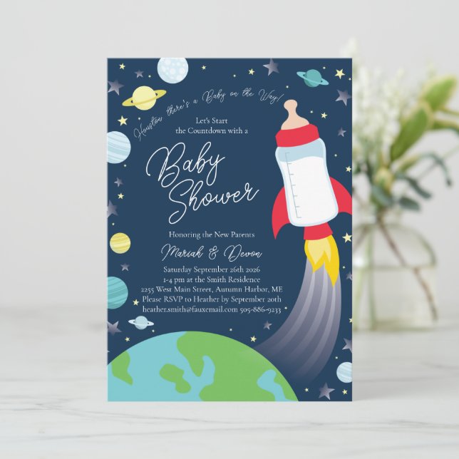 Outer Space Baby Shower Bottle Rocket Spaceship Invitation (Standing Front)
