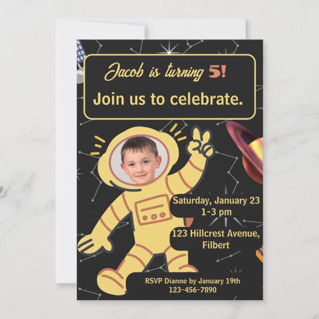 Outer Space Birthday Astronaut Name Age Photo Invitation (Front)