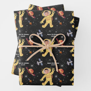 Outer Space Birthday Astronaut Name Age Photo Wrapping Paper Sheet