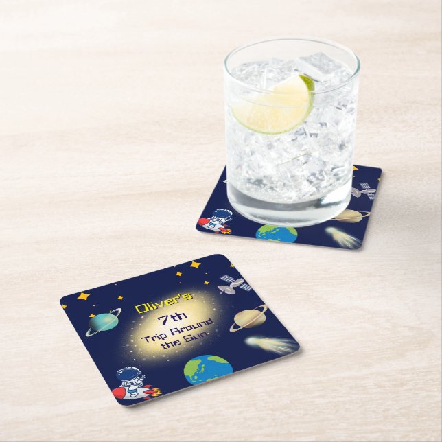 Outer Space Birthday – Astronaut, Rocket & Galaxy  Square Paper Coaster (Insitu)