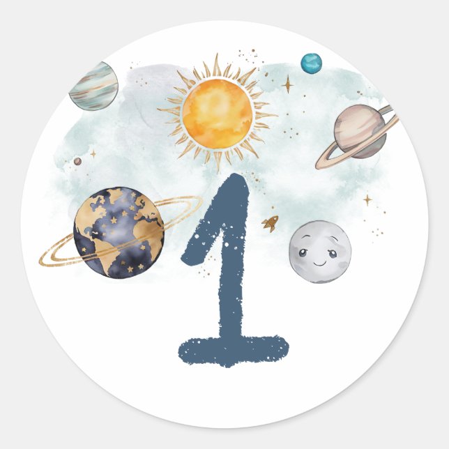 Outer Space Birthday Galaxy Sun Moon Stars Planets Classic Round Sticker (Front)