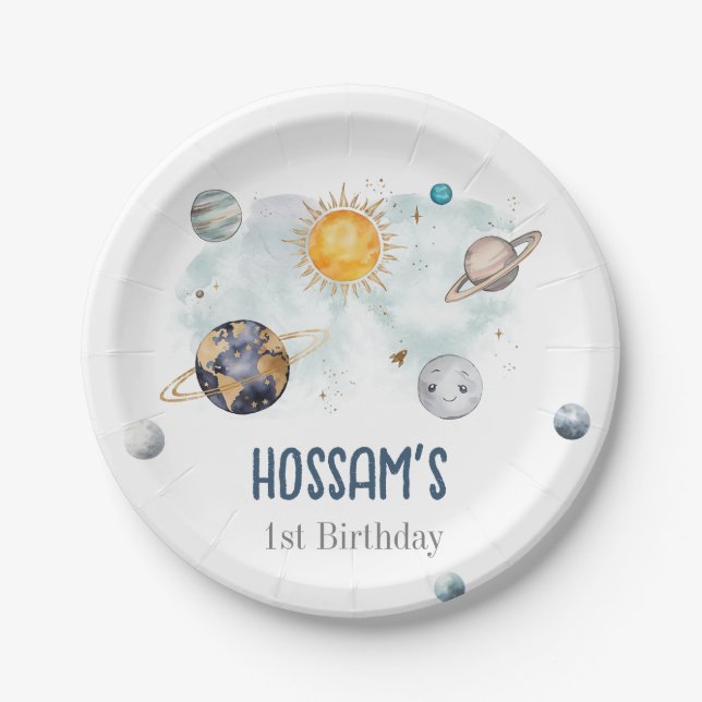 Outer Space Birthday Galaxy Sun Moon Stars Planets Paper Plate (Front)