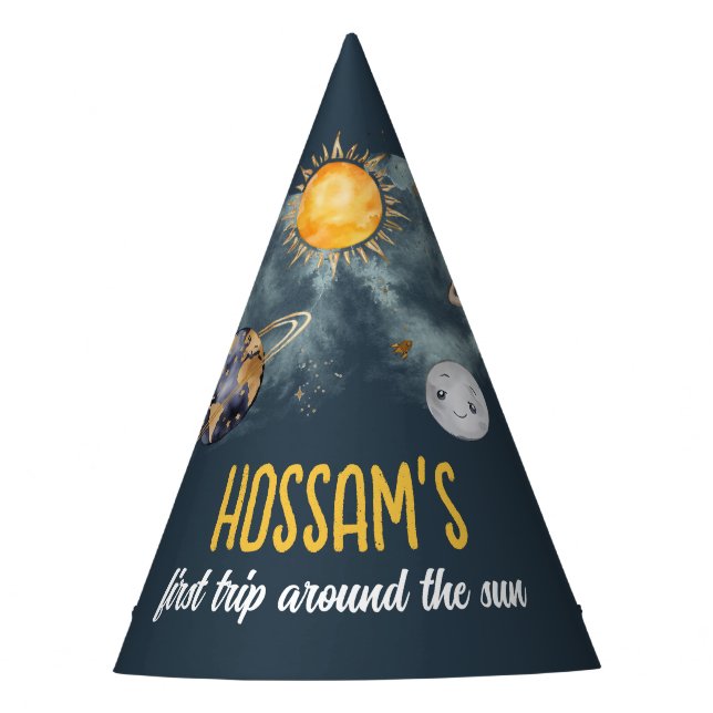 Outer Space Birthday Galaxy Sun Moon Stars Planets Party Hat (Front)