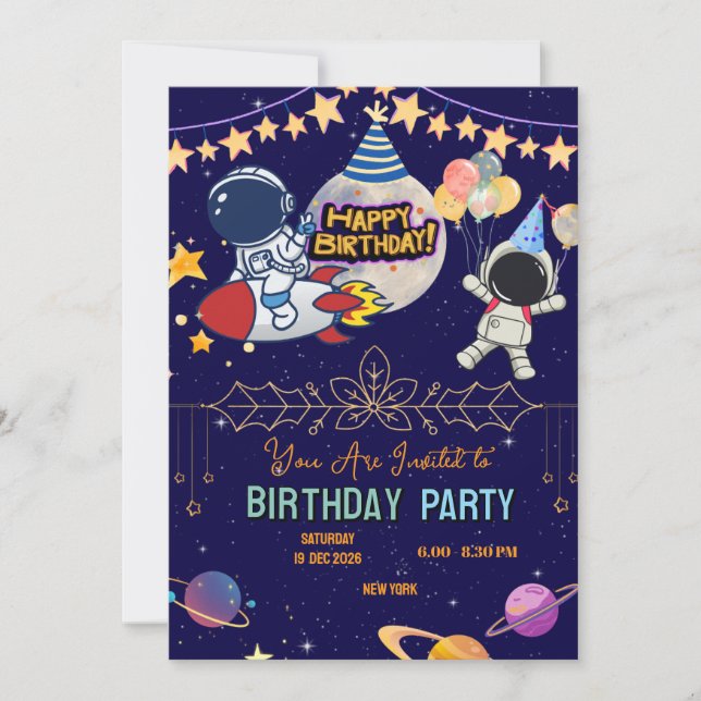 Outer Space Birthday Invitation | Astronaut Rocket (Front)