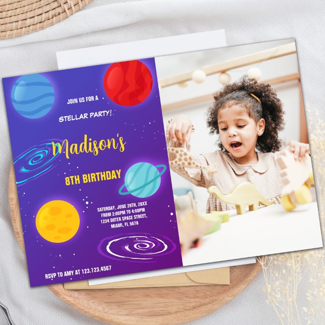 Outer Space Birthday Invitation with Photo (Purple Outer Space Birthday Invitations with photo)