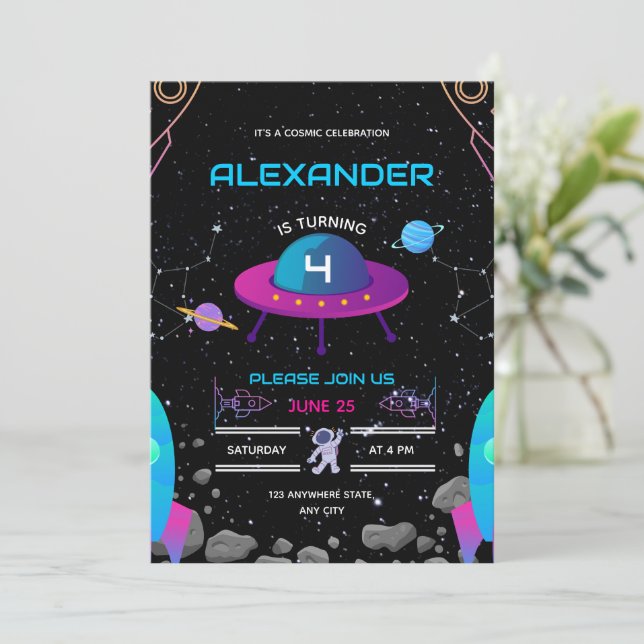 Outer Space Birthday Invite, Galaxy Blast Off boy Invitation (Standing Front)