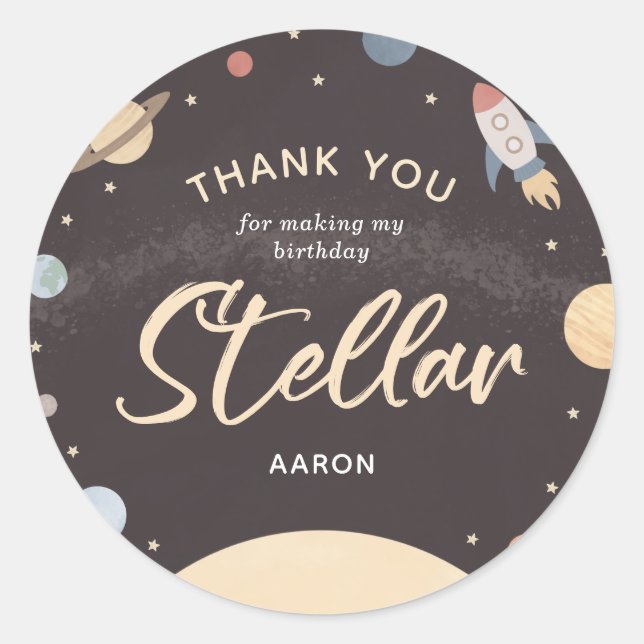 Outer Space Birthday Party Thank You Classic Round Sticker (Front)