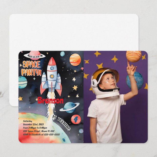 Outer Space Birthday Photo Invitation (Front/Back)