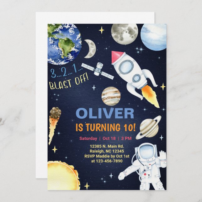 Outer space blast off boy birthday invitation. inv invitation (Front/Back)