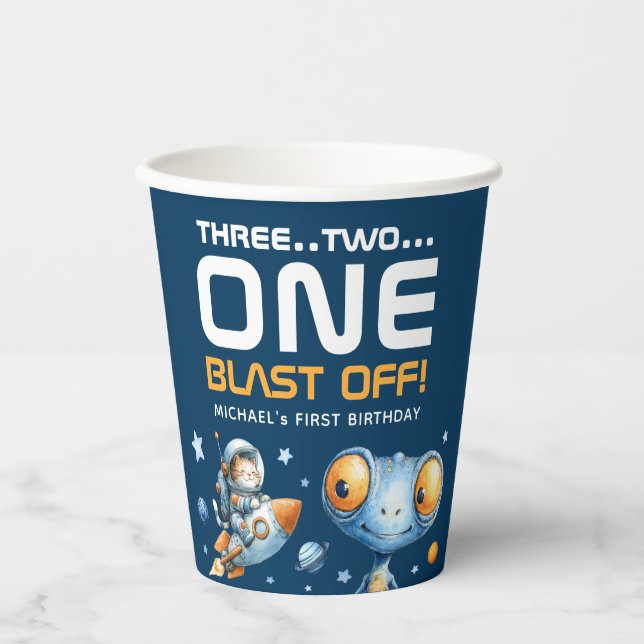 Outer Space Blast Off Cute Alien  1st Birthday  Paper Cups (Front)