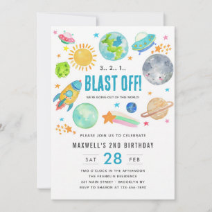 Outer Space Blast Off Rocket Birthday Invitation