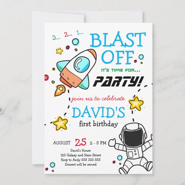 Outer Space Blast Off Rocket Boy First Birthday Invitation (Front)