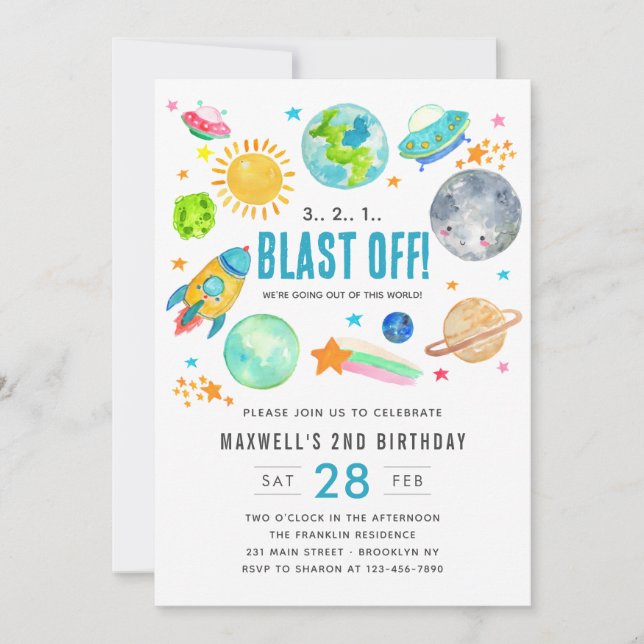 Outer Space Blast Off Rocket Kid Birthday Party  Invitation (Front)