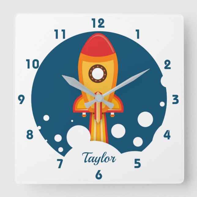 Outer Space Blast Off Rocket Ship Square Wall Clock (Front)