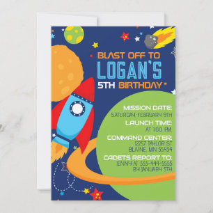 Outer Space Blue Rocket Birthday Invitations