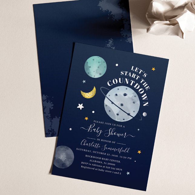 Outer Space Boy Baby Shower Invitation (Outer Space Script Countdown Baby Shower Invitation)