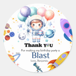 Outer space boy planet thank You birthday  Classic Round Sticker