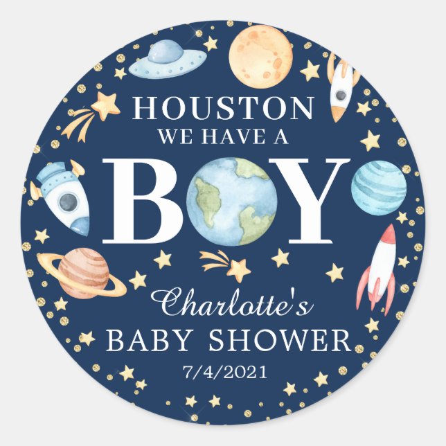 Outer Space Boys Baby Shower Favour Classic Round Sticker (Front)