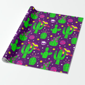 outer space cactus desert alien planets purple wrapping paper