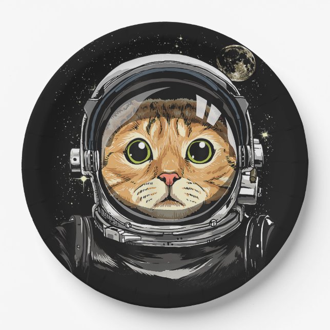 Outer Space Cat Kitty Astronaut Animal Face Galaxy Paper Plate (Front)