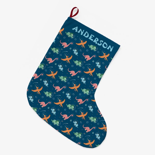 Outer Space Dinosaur Cute Holiday Large Christmas Stocking (Front (Hanging))