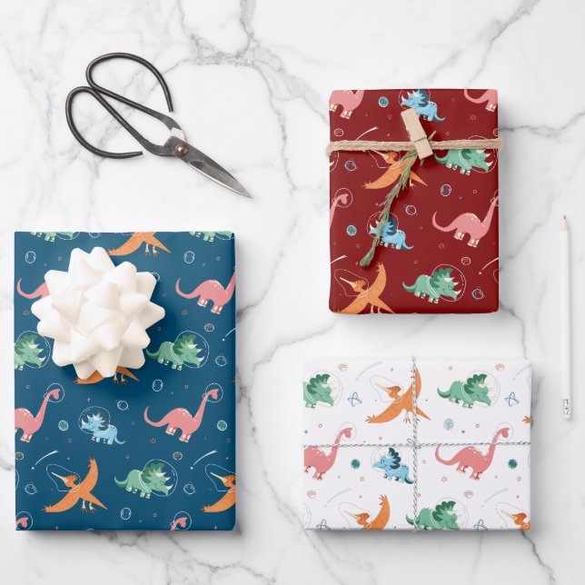 Outer Space Dinosaur Holiday Christmas Wrapping Paper Sheet (Front)