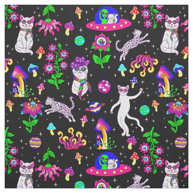 outer space disco cat alien ufo leopard surreal fabric (Swatch)