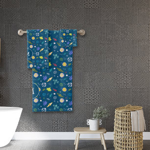 Outer Space Doodle Monogrammed Dark Blue Bath Towel Set