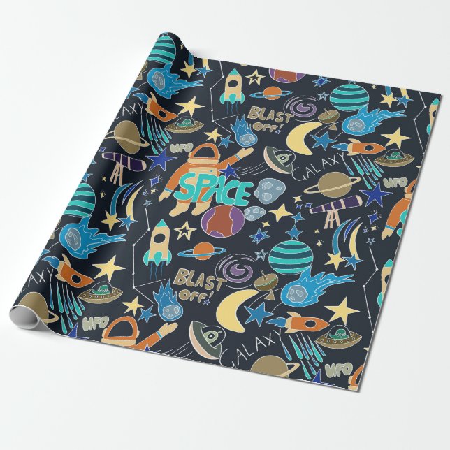 Outer Space Doodle Pattern Wrapping Paper (Unrolled)