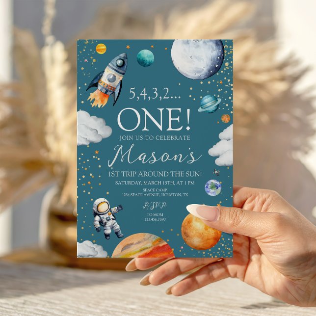 Outer Space First Birthday Rocket Teal Blue Invitation (Creator Uploaded)