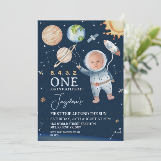 Outer-space First Trip Around Sun 1st Birthday Invitation (Standing Front)