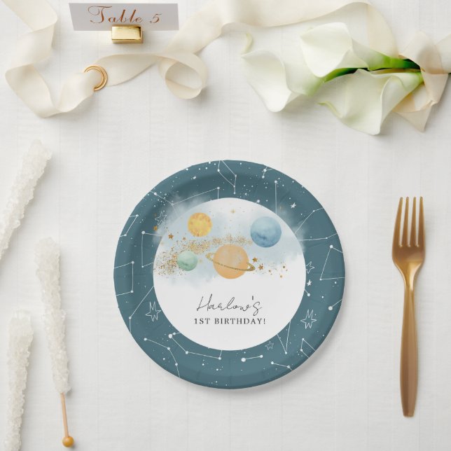 Outer Space First trip around sun Birthday Paper Plate (Wedding)